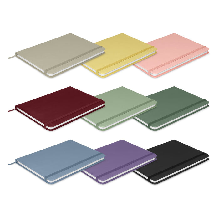 Omega Fashion Notebook and Pen Gift Set - A set of notebooks in various colours, including beige, yellow, pink, burgundy, green, blue, purple, and black, with a sleek design.