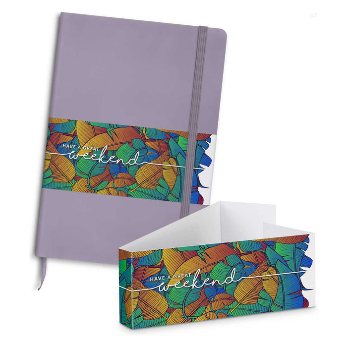 Omega Fashion Notebook and Pen Gift Set - A purple notebook with a colourful leaf-patterned band and a matching pen gift set. The set includes a box.