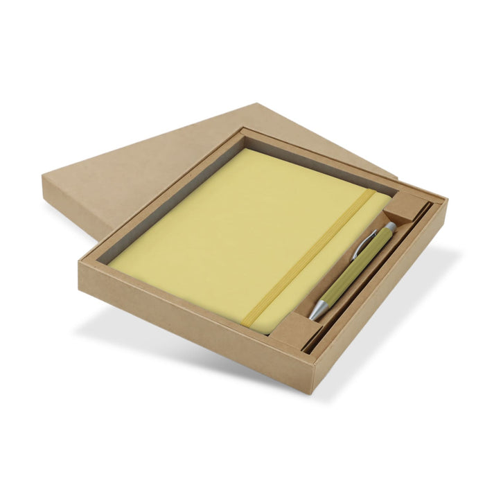 Omega Fashion Notebook and Pen Gift Set - A gift set featuring a yellow notebook and a silver pen, presented in a cardboard box.