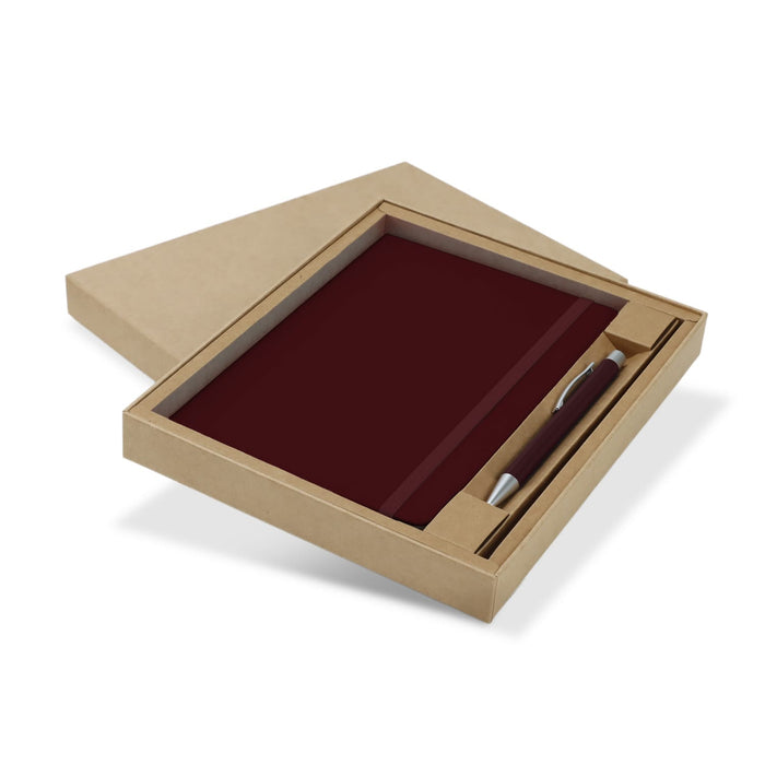 Omega Fashion Notebook and Pen Gift Set - A maroon notebook and pen gift set displayed in a cardboard box. The set features a sleek pen alongside the notebook.