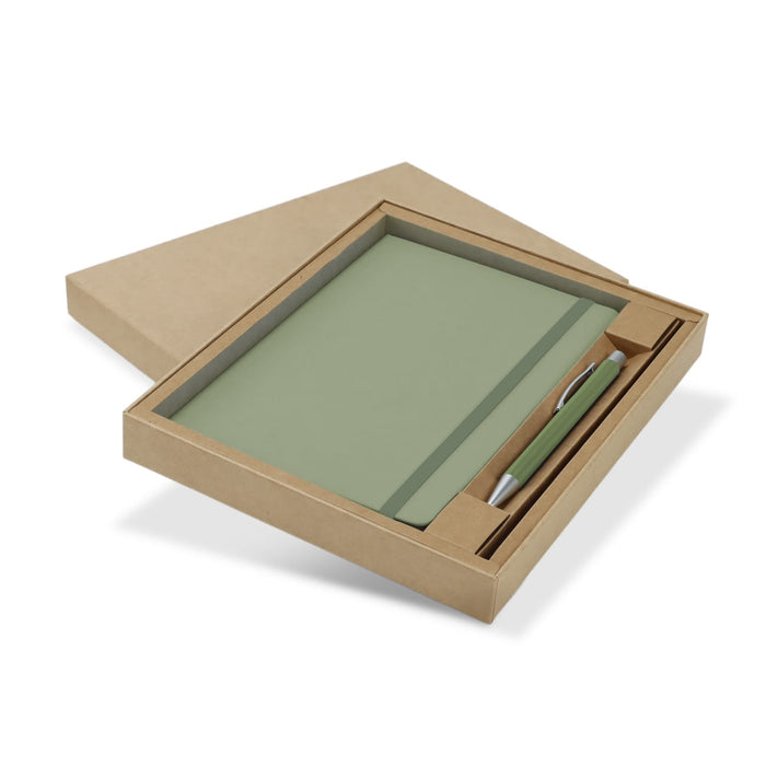 Omega Fashion Notebook and Pen Gift Set - A green notebook and pen set displayed in a kraft gift box. The notebook is closed, and the pen is placed beside it.