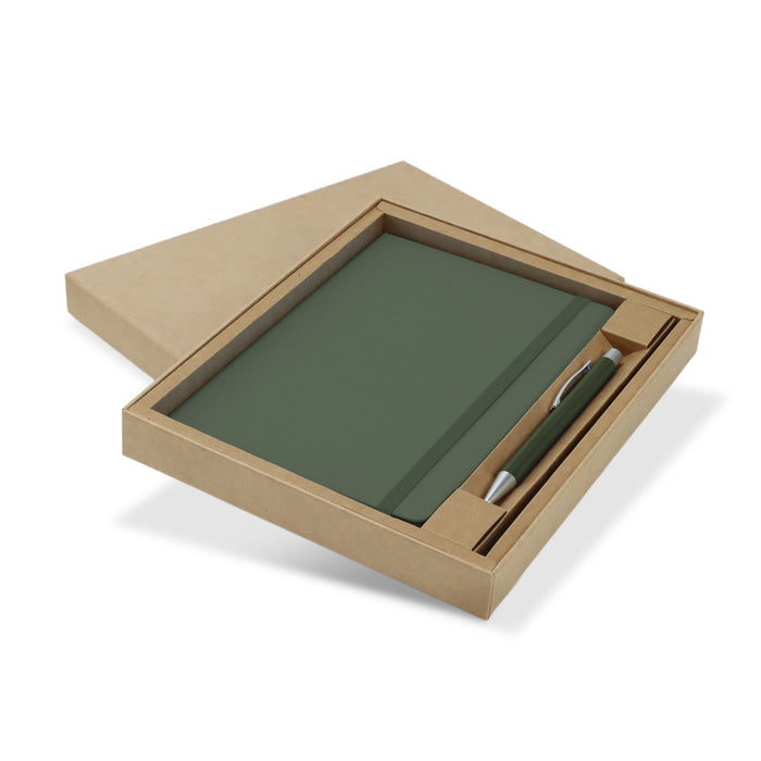 Omega Fashion Notebook and Pen Gift Set - A green notebook and matching pen are presented in a light brown gift box. The set includes an outer box.