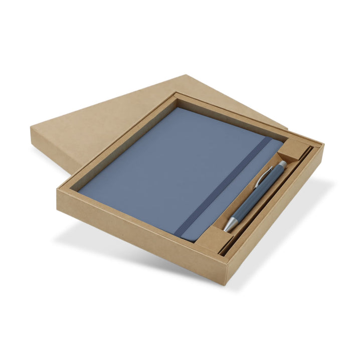 Omega Fashion Notebook and Pen Gift Set - A blue notebook and pen set, presented in a brown kraft box. The set includes a matching pen.