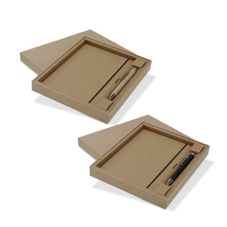 Kraft Notebook and Pen Gift Set - A Kraft Notebook and Pen Gift Set in a cardboard box featuring a pen and a notebook, both in neutral tones.
