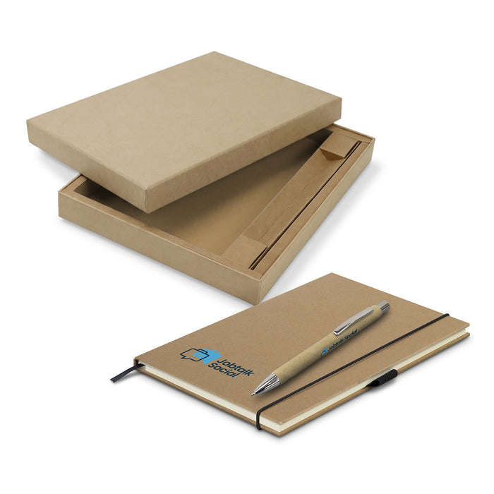 Kraft Notebook and Pen Gift Set - A Kraft notebook with a matching pen inside a kraft box. The notebook features a logo on the cover.