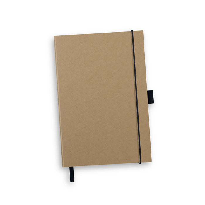 Kraft Notebook and Pen Gift Set - A kraft notebook with a black elastic closure and a ribbon bookmark. It features a logo on the cover.