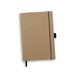 Kraft Notebook and Pen Gift Set - A kraft notebook with a black elastic closure and a ribbon bookmark. It features a logo on the cover.
