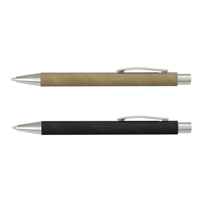 Kraft Notebook and Pen Gift Set - Two pens are displayed: one with a kraft paper finish and silver accents, and the other in solid black with silver accents.