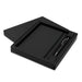 Omega Notebook and Pen Gift Set - A black notebook with a matching black pen in a sleek black gift box. The set includes a logo on the pen.