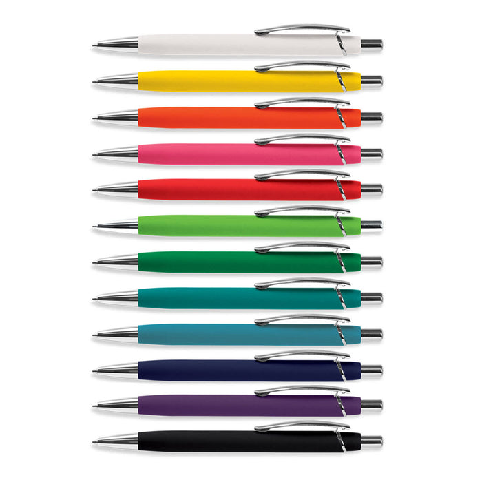 Omega Notebook and Pen Gift Set - A collection of twelve pens in various vibrant colours, each with a silver clip and tip.