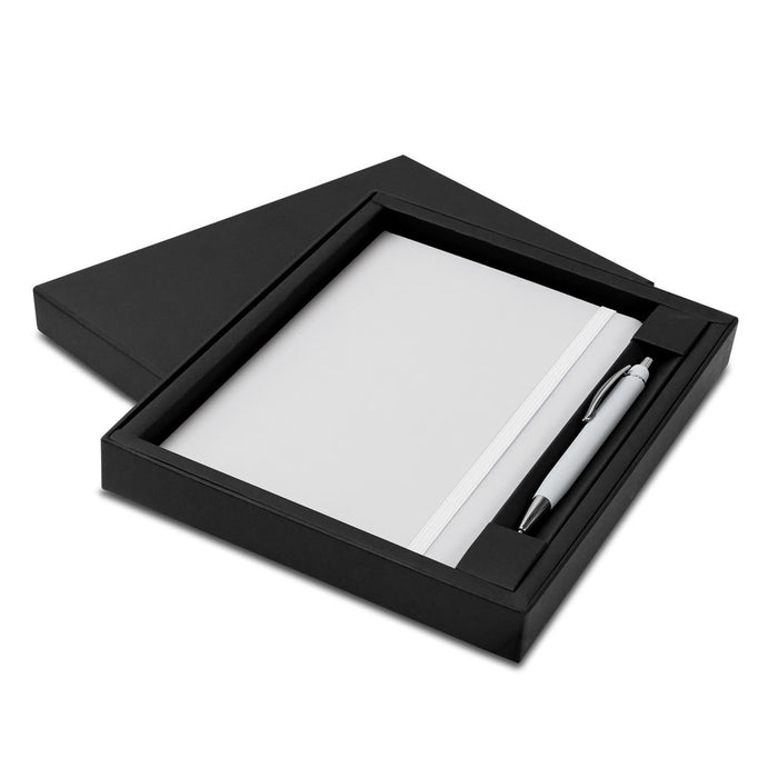 Omega Notebook and Pen Gift Set - A black gift box containing a white notebook and a silver pen. The set is elegantly presented for gifting.