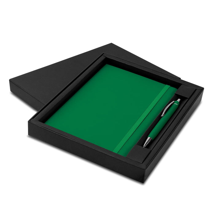 Omega Notebook and Pen Gift Set - A green notebook and pen set presented in a black gift box, featuring a logo on the pen.