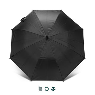 SPICE Waste2Gear Umbrella - A black umbrella with a sleek design and a handle, featuring a logo on the fabric.