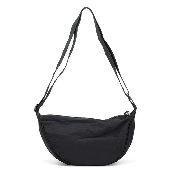 Selene Moon Bag - A black shoulder bag with a curved shape and two adjustable straps, featuring a logo on the front.