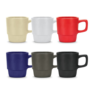 Barista Stackable Coffee Mug - A set of stackable coffee mugs in beige, white, red, navy, grey, and black, each with a textured base and logo.