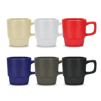 Barista Stackable Coffee Mug - A set of stackable coffee mugs in beige, white, red, navy, grey, and black, each with a textured base and logo.