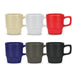 Barista Stackable Coffee Mug - A set of stackable coffee mugs in beige, white, red, navy, grey, and black, each with a textured base and logo.