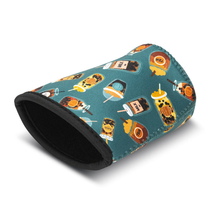 Neoprene Cup Sleeve - Small - A neoprene cup sleeve in teal featuring various drink illustrations. It has a black trim and a branding logo.