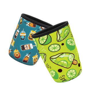 Neoprene Cup Sleeve - Medium - A drink bottle cup sleeve in blue featuring beverage illustrations and a green sleeve with a lime design.
