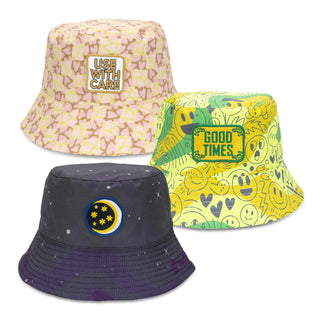 Sonny Custom Bucket Hat with Embroidery Patch - A collection of three bucket hats in pastel pink, bright yellow with patterns, and dark navy with celestial design, each featuring an embroidery patch.