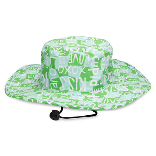 Cabana Custom Wide Brim Hat - A green wide-brim hat featuring a playful pattern with words and symbols, including a logo on the side.