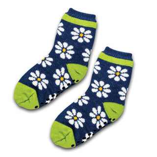 Custom Cozy Socks - A pair of cosy navy socks featuring white daisies and bright green detailing, with a logo present.