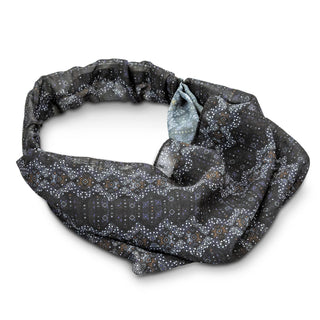 Custom Elastic Headband - A custom elastic headband in a black and grey pattern with intricate designs and a versatile shape.