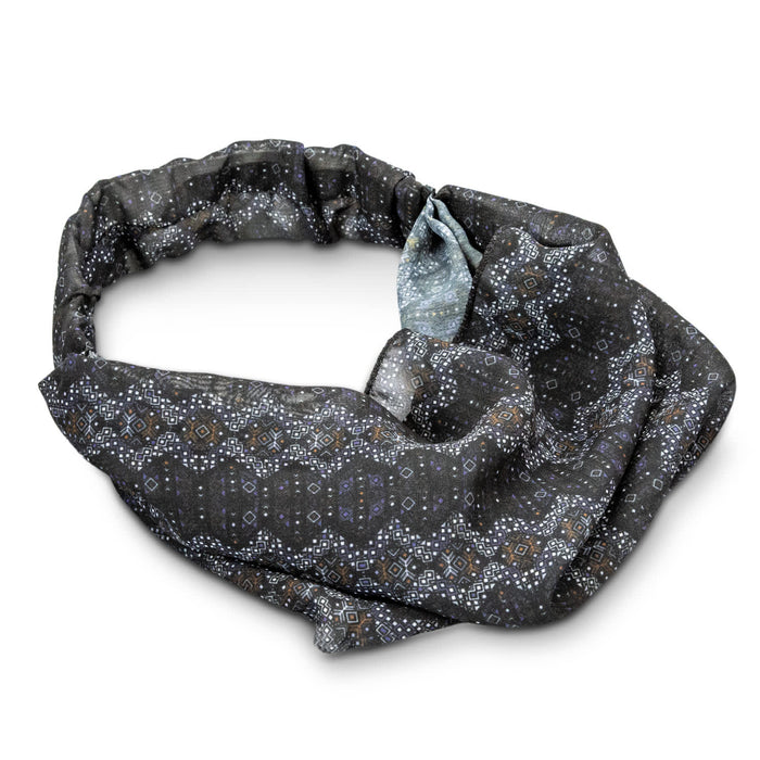 Custom Elastic Headband - A custom elastic headband in a black and grey pattern with intricate designs and a versatile shape.