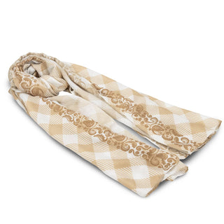 Custom Lightweight Scarf - A lightweight scarf in beige and cream with a diamond pattern and ornate design along the edges.