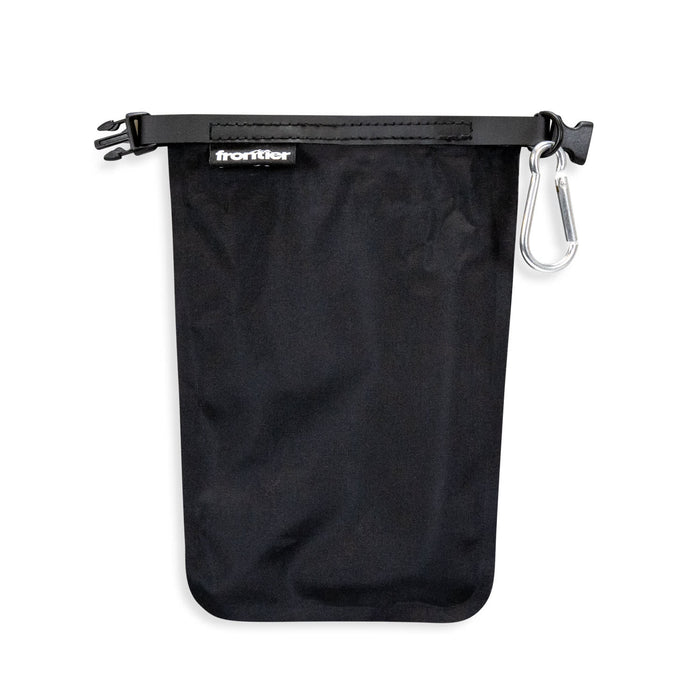 Frontier Rapid Dry Towel - A black waterproof pouch with a clip and a drawstring closure, featuring a logo at the top.