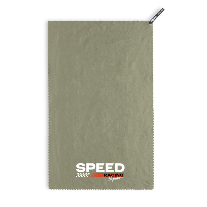 Frontier Rapid Dry Towel - A green cooling towel with a logo, featuring a textured surface and a stitched edge.