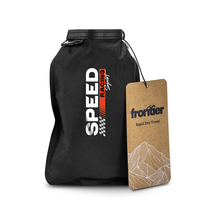 Frontier Rapid Dry Towel - A black towel bag with a tag featuring the Frontier Rapid Dry Towel. It has a logo and a mountain design.