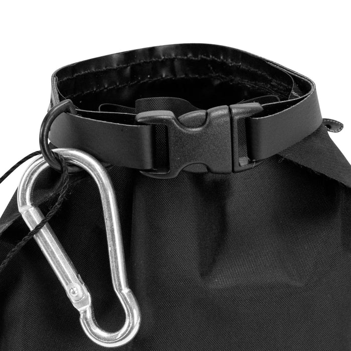 Frontier Rapid Dry Towel - A black bag featuring a clip closure and a silver carabiner attached.