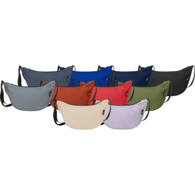 Byron Recycled Waist Bag 1.5L - A collection of Byron Recycled Waist Bags in various colours, featuring a logo and adjustable straps.