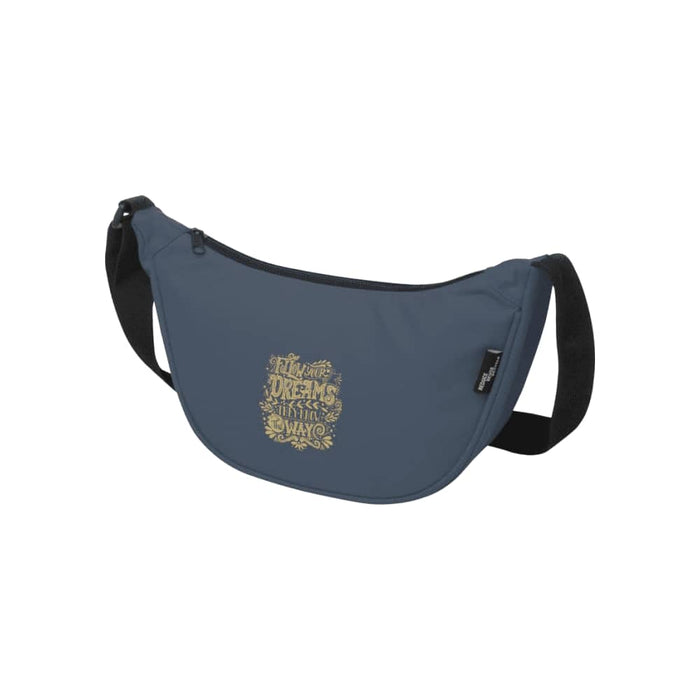 Byron Recycled Waist Bag 1.5L - A dark blue waist bag with a curved design and a logo on the front, featuring an adjustable strap.