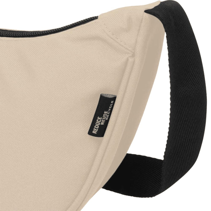 Byron Recycled Waist Bag 1.5L - A beige recycled waist bag with a black strap and a small logo on the side.