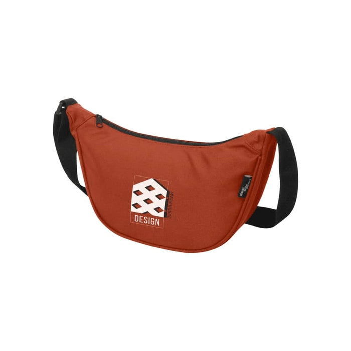 Byron Recycled Waist Bag 1.5L - An orange recycled waist bag with a black adjustable strap and a logo on the front.