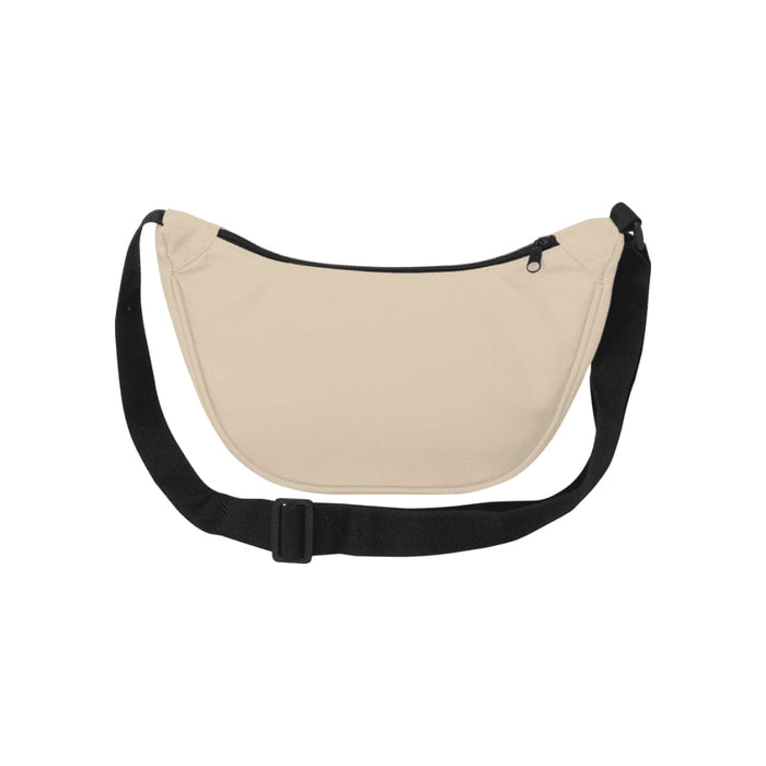 Byron Recycled Waist Bag 1.5L - A beige waist bag with a black strap and a zippered compartment, featuring a logo.