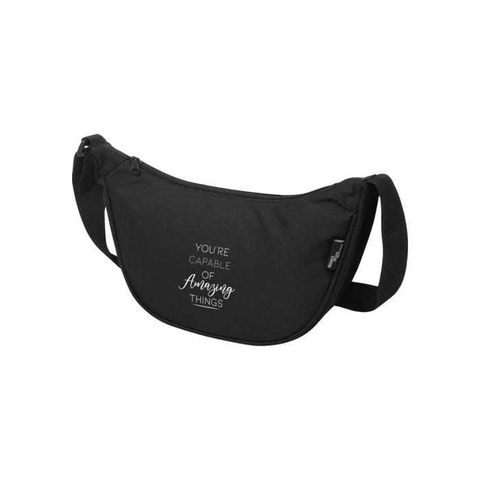 Byron Recycled Waist Bag 1.5L - A black waist bag with a curved design, featuring a strap and a branding logo.