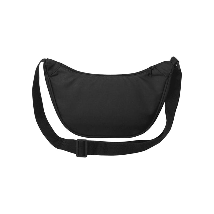 Byron Recycled Waist Bag 1.5L - A black recycled waist bag with a curved design and adjustable strap, featuring a logo.