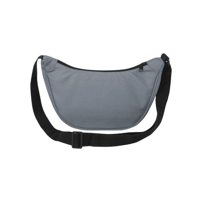 Byron Recycled Waist Bag 1.5L - A grey recycled waist bag with a zip closure and an adjustable black strap. It features a logo.