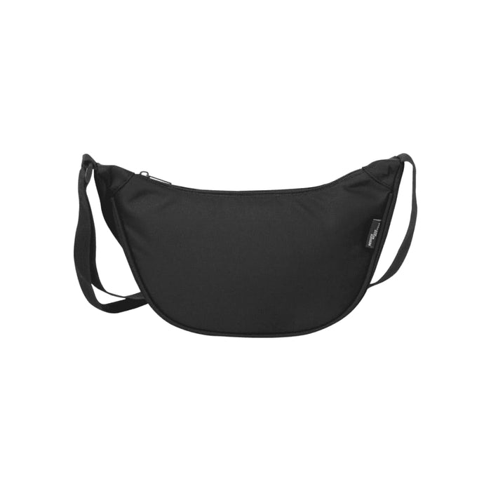 Byron Recycled Waist Bag 1.5L - A black recycled waist bag with a curved design and an adjustable strap, featuring a branding logo.