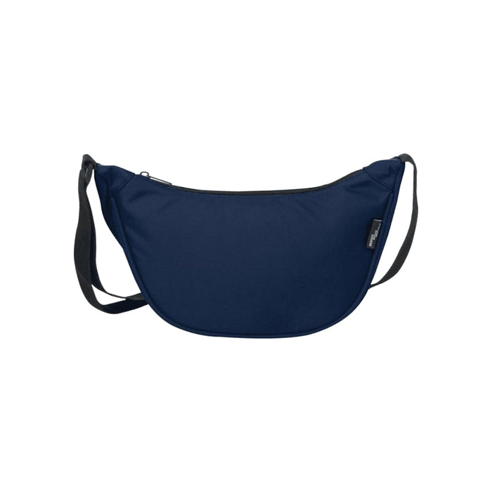 Byron Recycled Waist Bag 1.5L - A navy blue waist bag with a curved design, featuring a zipper closure and an adjustable strap. It has a logo.