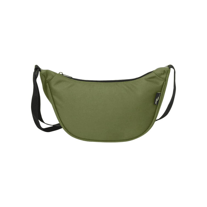 Byron Recycled Waist Bag 1.5L - A green recycled waist bag with a zip closure and an adjustable strap, featuring a logo.