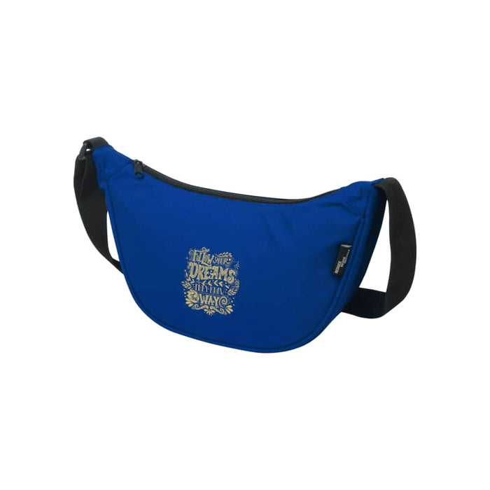 Byron Recycled Waist Bag 1.5L - A blue recycled waist bag with a black strap and a decorative design on the front. It has a logo.