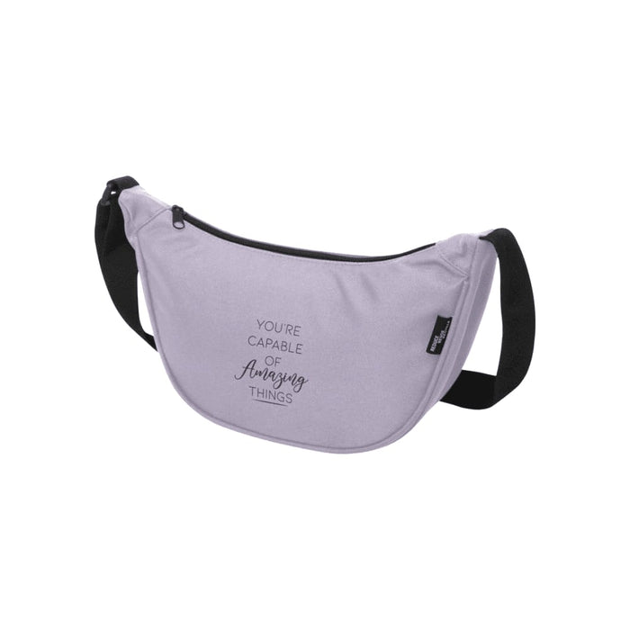 Byron Recycled Waist Bag 1.5L - A lavender waist bag with a black strap and a branded logo, featuring text on the front.