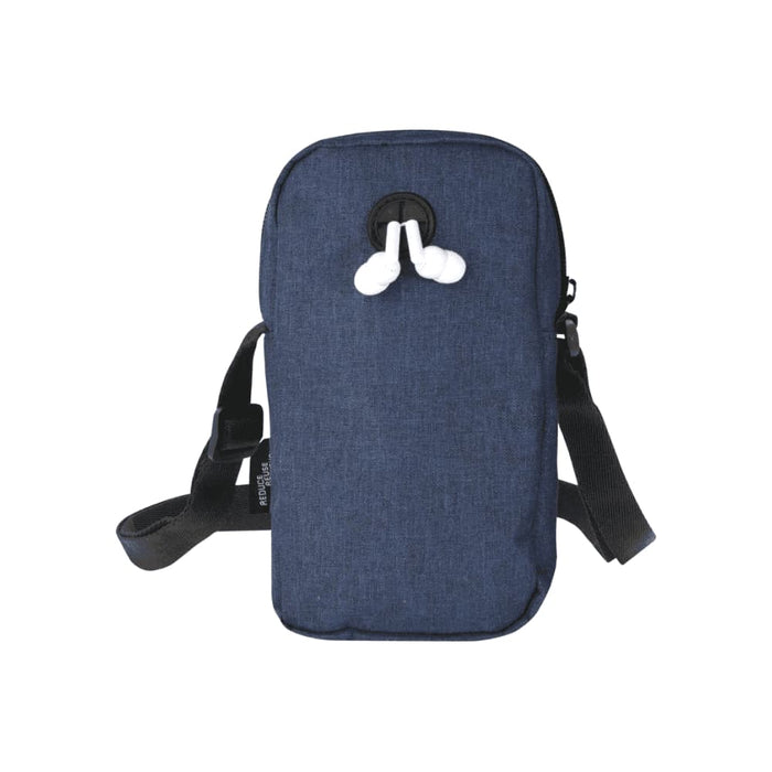 Ross GRS Recycled Phone Pouch - A navy blue recycled phone pouch with a shoulder strap and white earphones visible at the top. It features a logo.