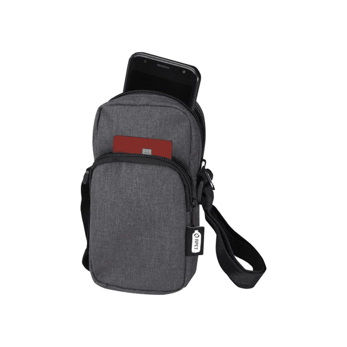 Ross GRS Recycled Phone Pouch - A grey recycled phone pouch with a zippered compartment and a phone inside, featuring a strap for carrying.