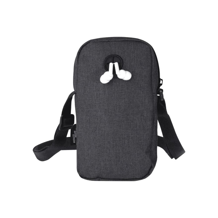 Ross GRS Recycled Phone Pouch - A grey phone pouch with a black strap and earphones attached, featuring a logo on its side.