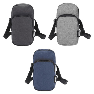 Ross GRS Recycled Phone Pouch - A collection of three phone pouches in grey, charcoal, and navy, featuring adjustable straps and zippers.